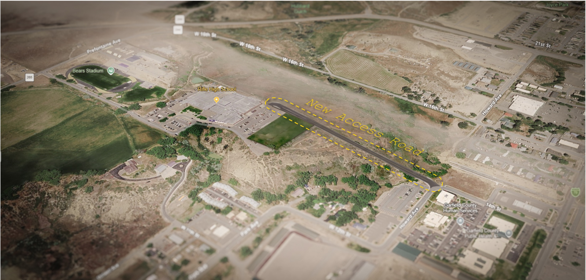 Aerial rendering showing the proposed new access road connecting Rifle High School to Howard Avenue